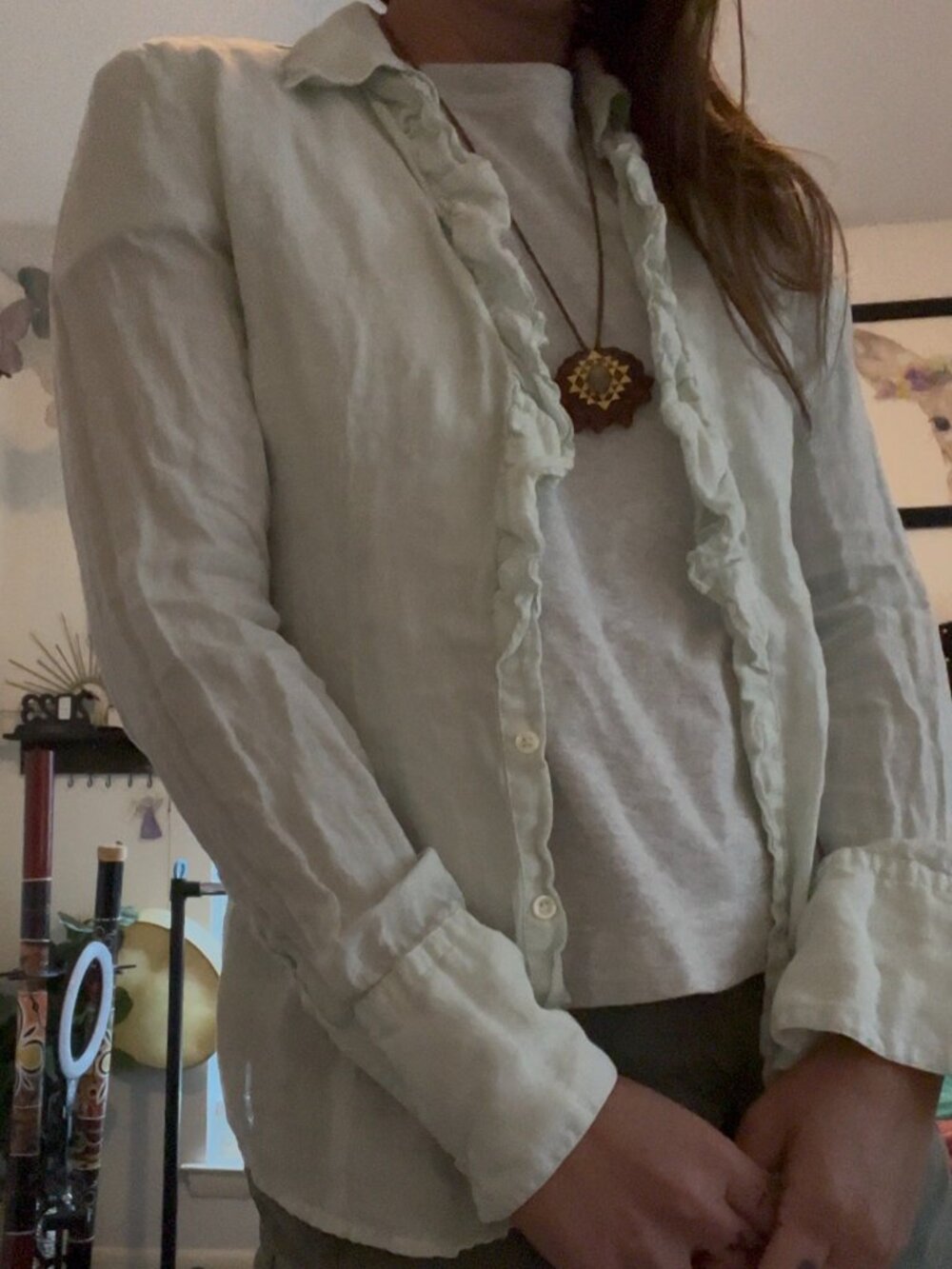 Ruffled Button Down Women's 100% Linen shirt in beautiful pale mint green color